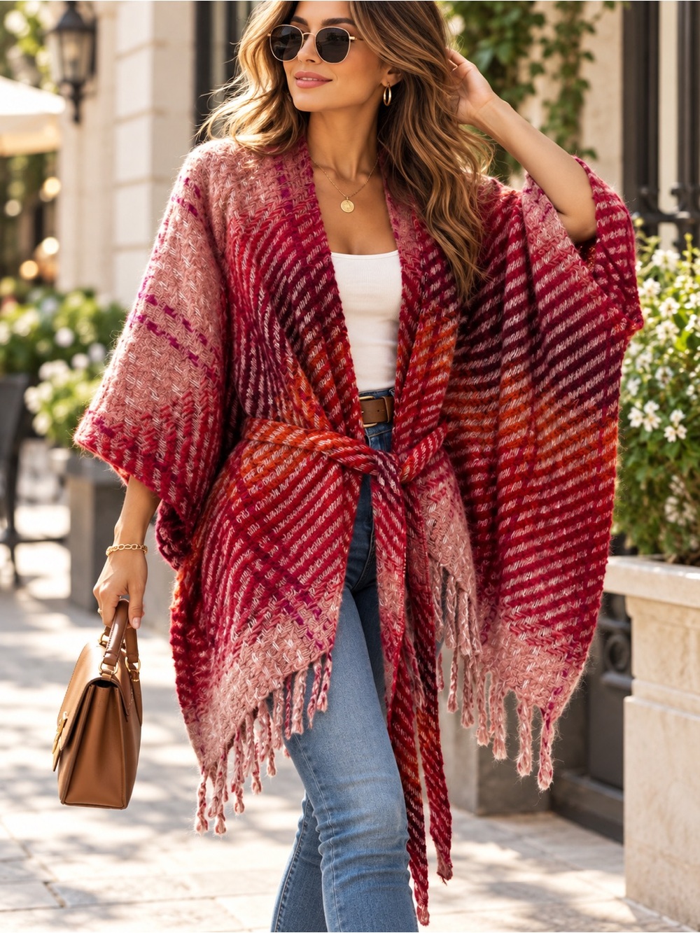 LC Lauren Conrad Ombre Red and Pink Plaid Knit Poncho with Belt